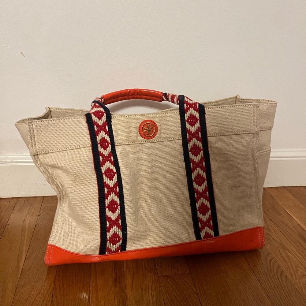 Tory Burch canvas tote, some light marks on exterior, highlighter stain inside